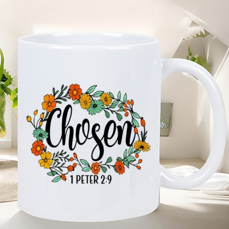 Tailorly White Ceramic 11 oz Mug - Chosen 1 Peter 2 9 Colorful Autumn Flowers And Green Leaves Forming A Decorative Circular Wreath