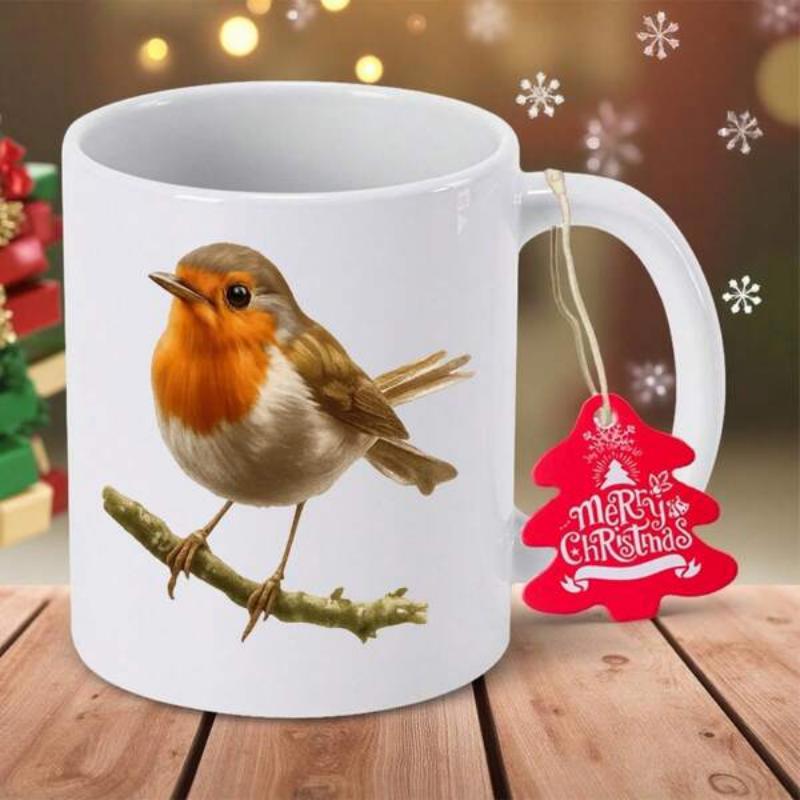 Tailorly White Ceramic 11 oz Mug - Merry Christmas Graceful European Robin Perched On A Small Branch With Earthy Tones Robin