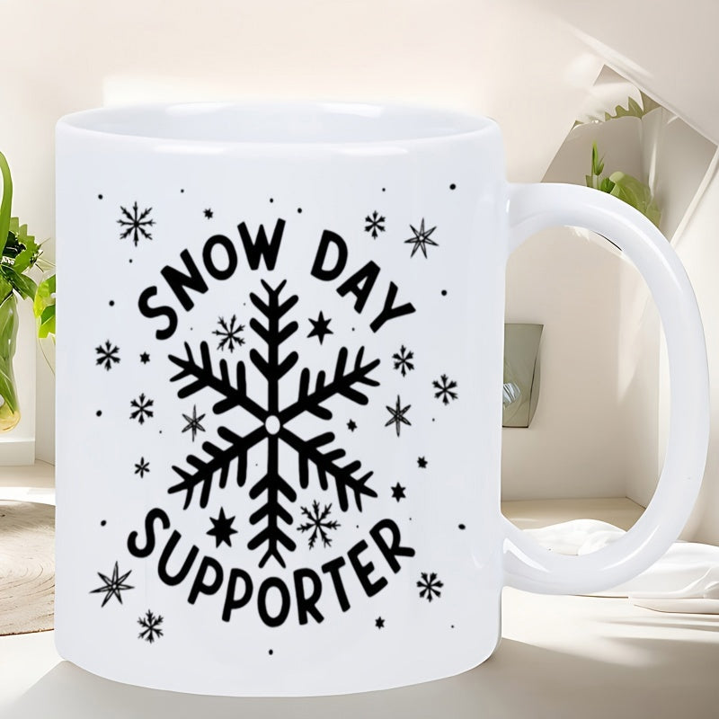 Tailorly White Ceramic 11 oz Mug - Snow Day Supporter Stylized Ice Crystals Among Falling Winter Flakes In Minimalist Black Ink Snowflake