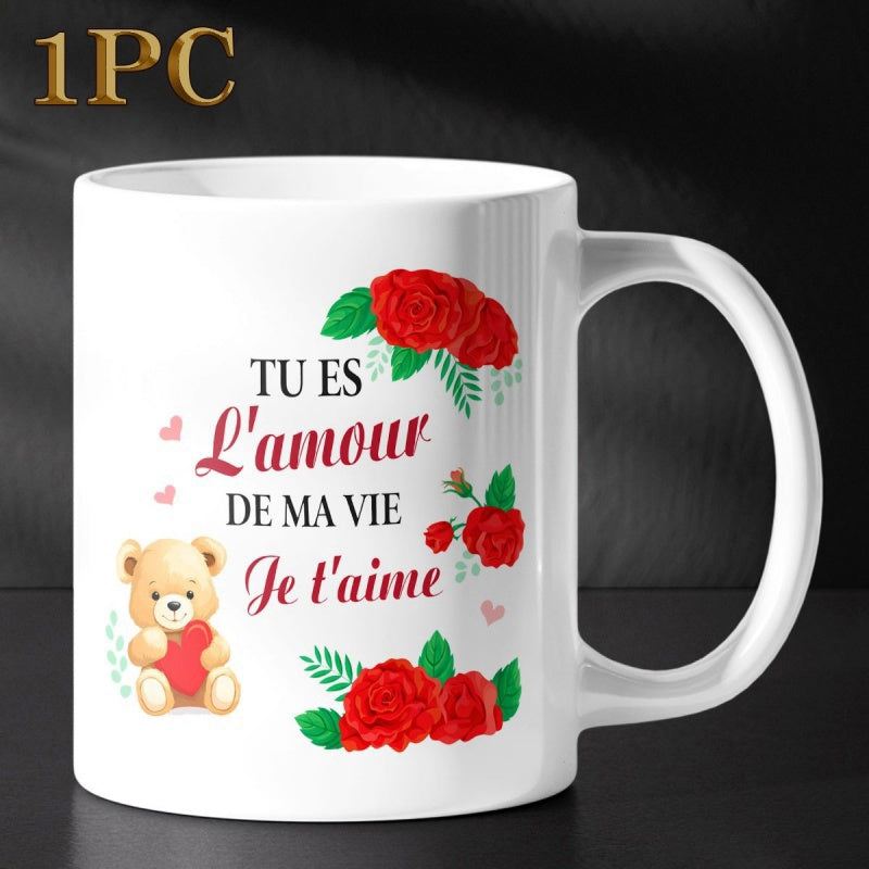 Tailorly White Ceramic 11 oz Mug - Blooming Red Roses Surrounding A Cute Heart Holding Teddy Bear