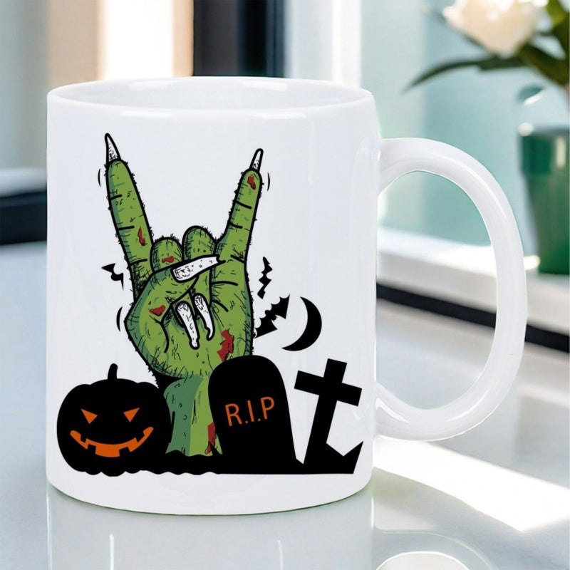 Tailorly White Ceramic 11 oz Mug - Rip Scary Green Zombie Hand Emerging From Grave Among Pumpkin And Tombstone Hand