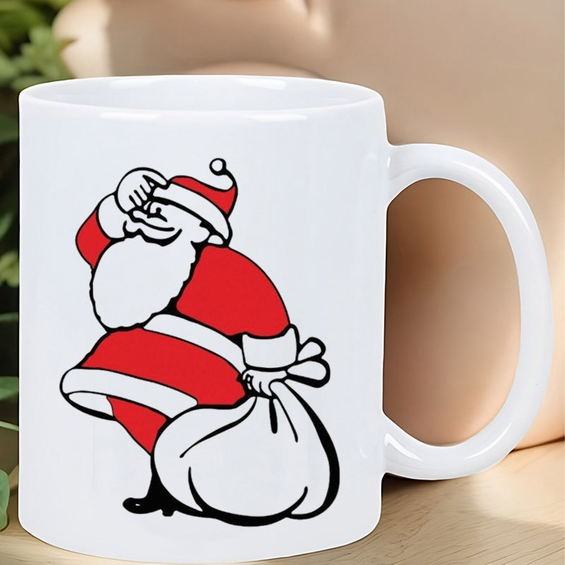 Tailorly White Ceramic 11 oz Mug - Vintage Retro Hand Drawn Holiday Character Carrying Large Gift Sack Santa