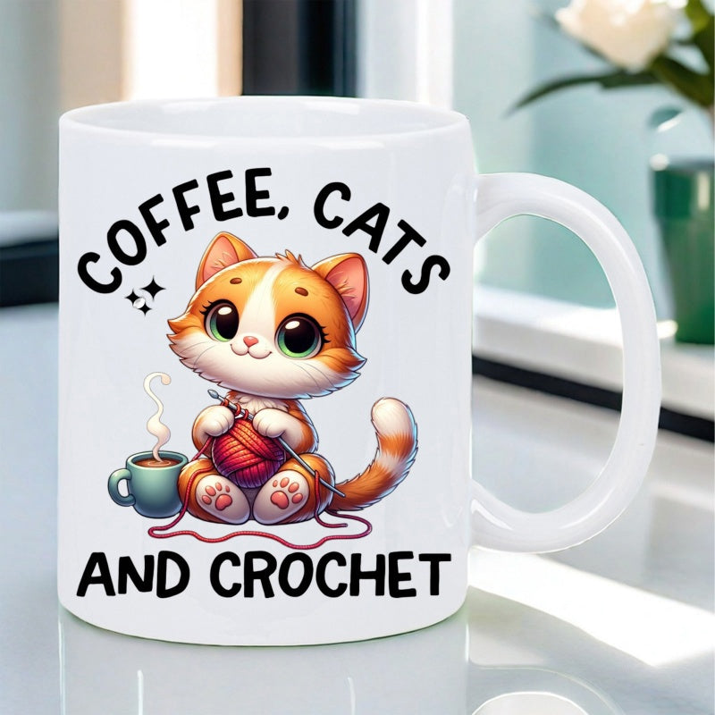 Tailorly White Ceramic 11 oz Mug - Coffee Cats And Crochet Adorable Ginger Kitten Holding Yarn Beside A Steaming Cup Of Coffee Cat