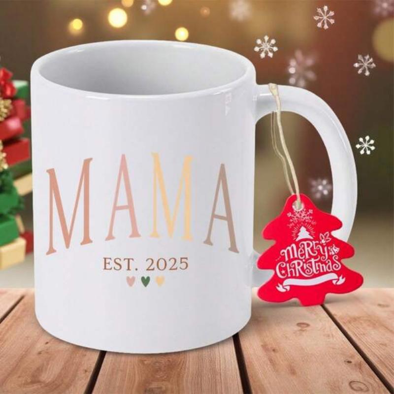 Tailorly White Ceramic 11 oz Mug - Mama Est 2025 Minimalist White Ceramic With Elegant Serif Typography And Small Hearts Mug