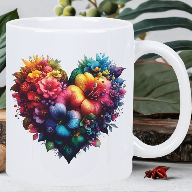 Tailorly White Ceramic 11 oz Mug - Vibrant Colorful Flowers Blooming Within A Decorative Romantic Botanical Shape Heart