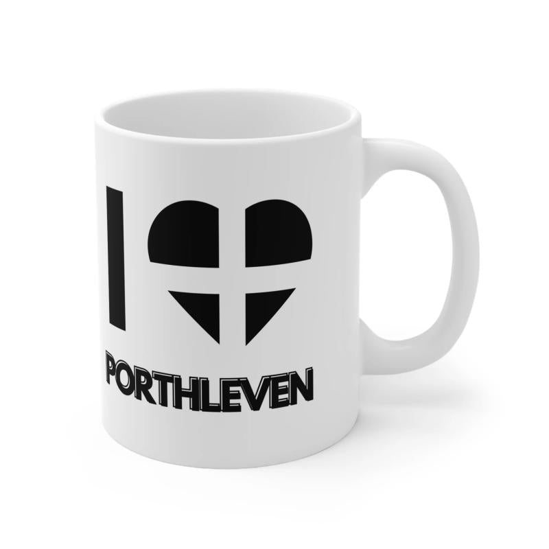 Tailorly White Ceramic 11 oz Mug - I Porthleven Bold Silhouette Minimalist Heart Displaying Iconic Saint Piran Flag Heart