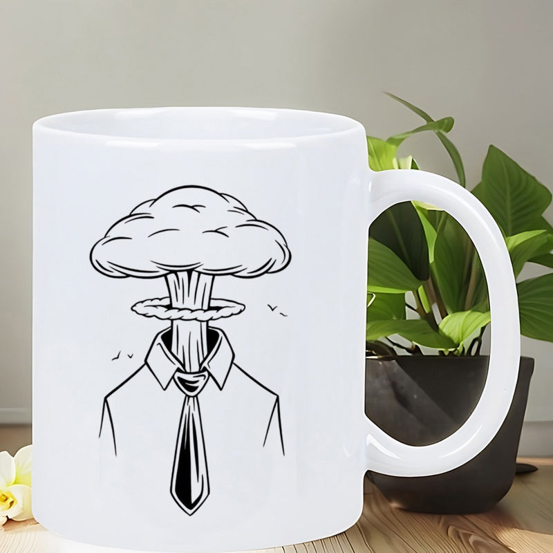 Tailorly White Ceramic 11 oz Mug - Minimalist Black Line Art Atomic Explosion Emerging From A Formal Shirt Man
