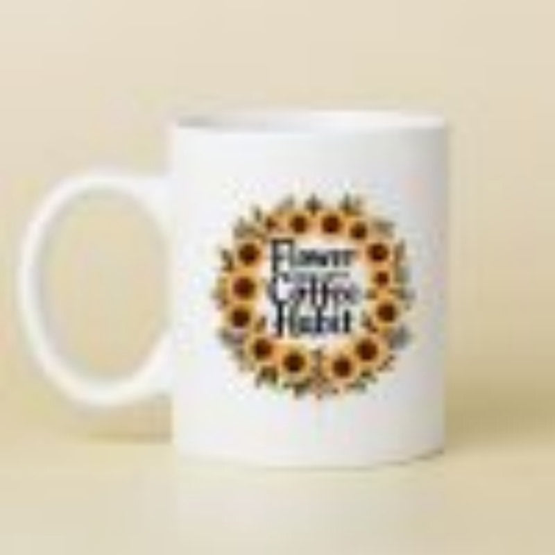Tailorly White Ceramic 11 oz Mug - Flower Coffee Habit Radiant Sunflowers Arranged In A Circular Wreath With Delicate Green Leaves Sunflower