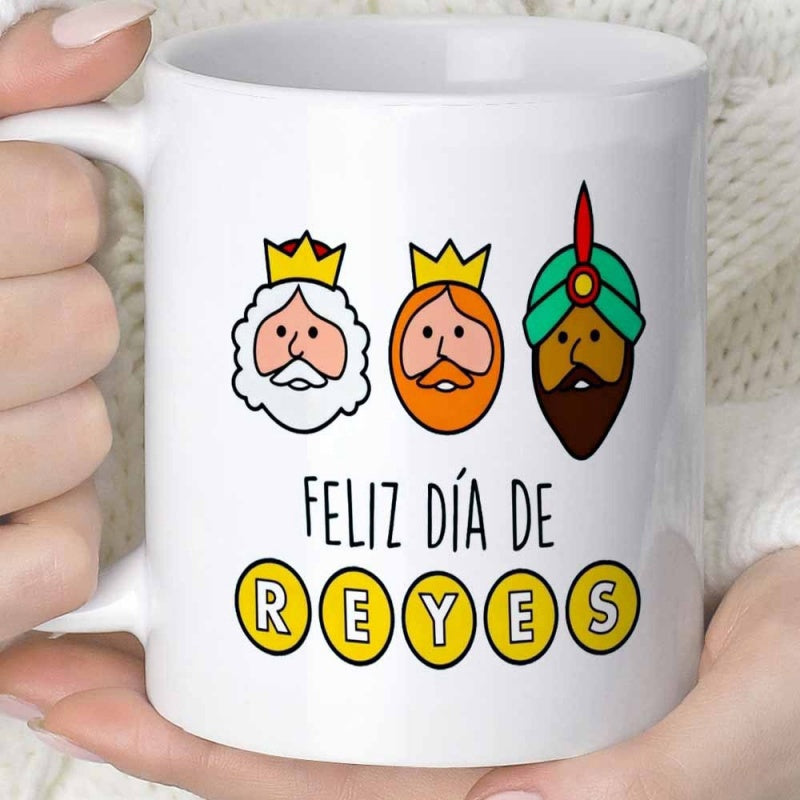 Tailorly White Ceramic 11 oz Mug - Three Cartoon Monarchs Wearing Colorful Crowns And Traditional Cultural Headwear King