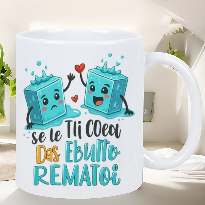 Tailorly White Ceramic 11 oz Mug - Cute Cartoon Blue Characters Splashing Water Among Tiny Floating Red Hearts Ice Cubes
