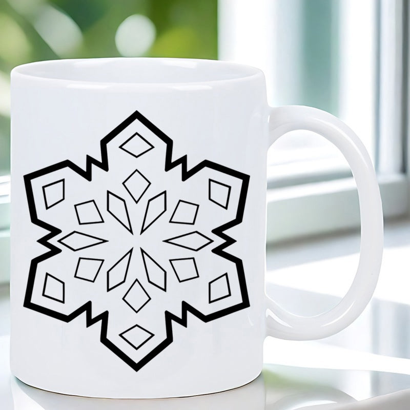 Tailorly White Ceramic 11 oz Mug - Elegant Geometric Symmetrical Lines Featuring Bold Black Diamonds In Winter Snowflake