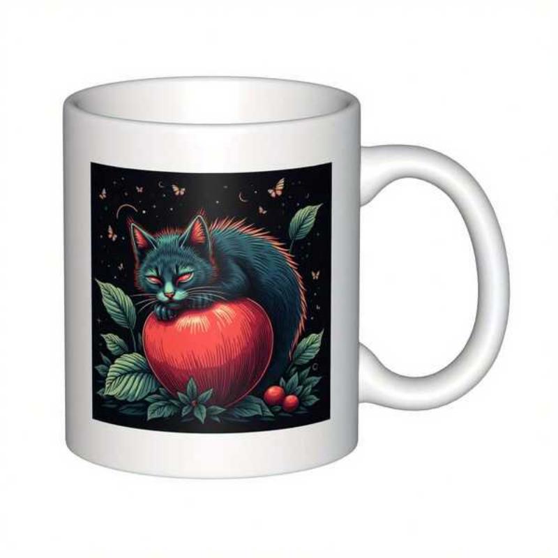 Tailorly White Ceramic 11 oz Mug - Adorable Feline Sleeping Peacefully On A Large Vibrant Red Ripe Apple Cat