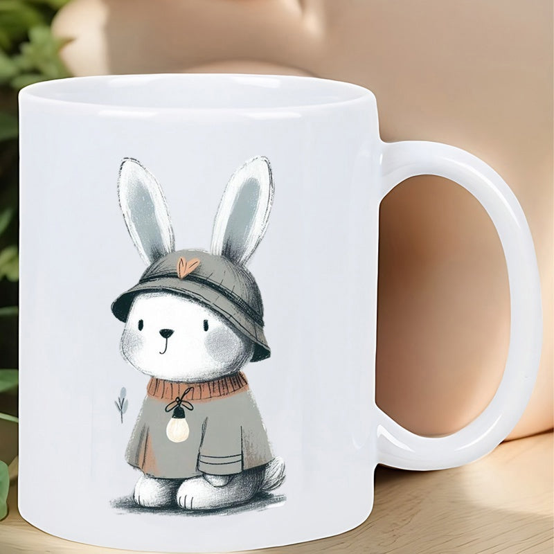 Tailorly White Ceramic 11 oz Mug - Adorable White Rabbit Wearing Grey Hat And Matching Sweater Soft Illustration Rabbit