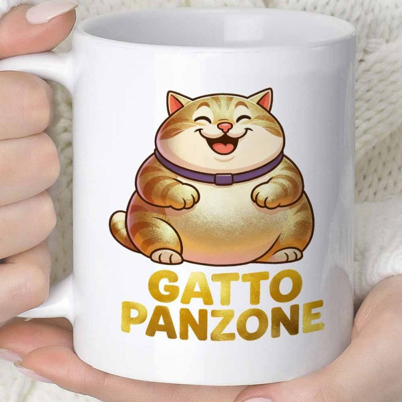 Tailorly White Ceramic 11 oz Mug - Adorable Smiling Chubby Orange Tabby Wearing A Small Purple Collar Sitting Happily Cat