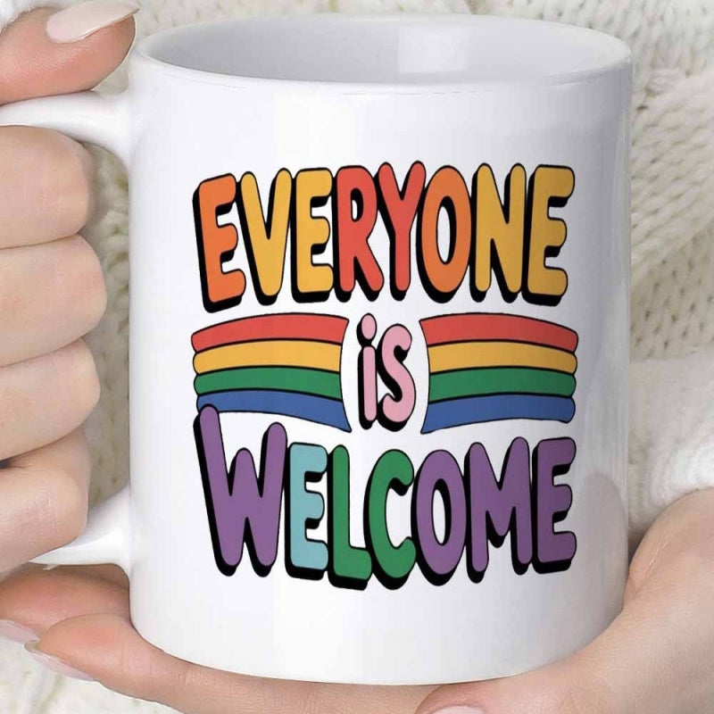 Tailorly White Ceramic 11 oz Mug - Everyone Is Welcome Vibrant Rainbow Stripes Between Retro Bubbled Colorful Letters Rainbow