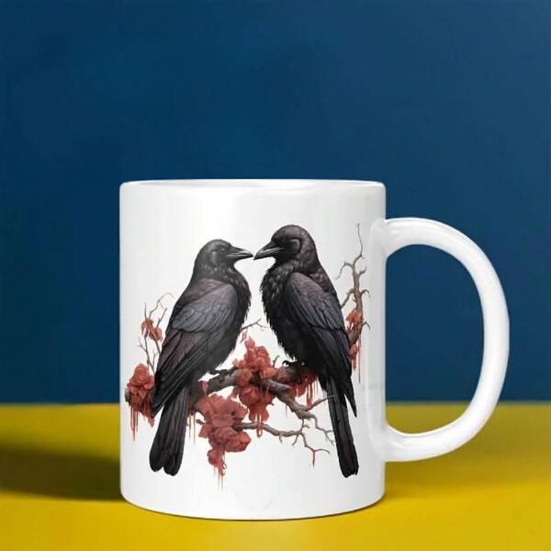 Tailorly White Ceramic 11 oz Mug - Two Majestic Black Birds Perched On Branches With Delicate Red Flowers Raven