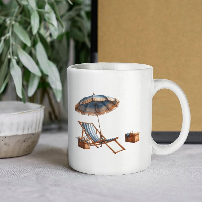 Tailorly White Ceramic 11 oz Mug - Watercolor Coastal Paradise With Striped Lounge Chair And Sunlit Folding Umbrella