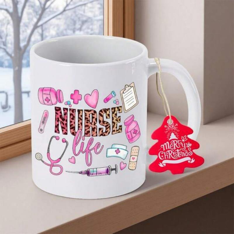 Tailorly White Ceramic 11 oz Mug - Nurse Life Pink Medical Symbols With Leopard Print Texture Ceramic Mug