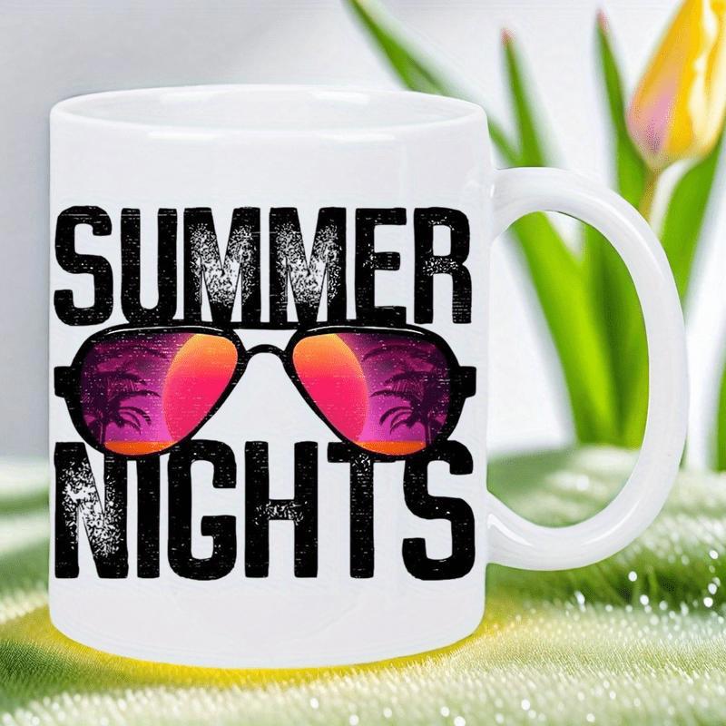 Tailorly White Ceramic 11 oz Mug - Summer Nights Tropical Sunset Reflection With Palm Trees In Stylish Aviator Sunglasses