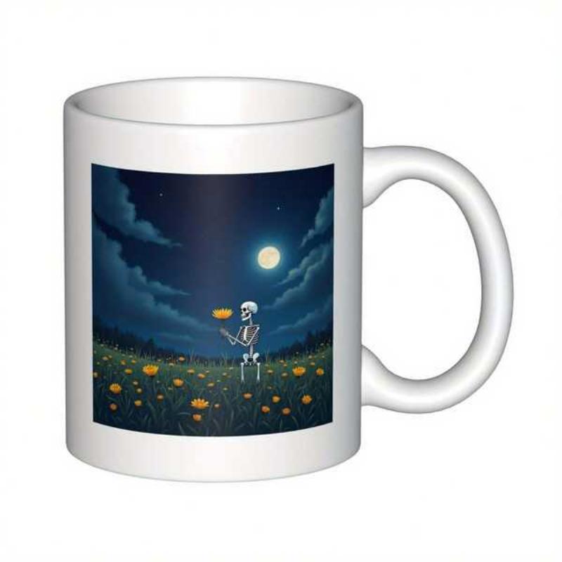 Tailorly White Ceramic 11 oz Mug - Standing Amidst Golden Flowers Under A Full Moonlit Night Sky Skeleton
