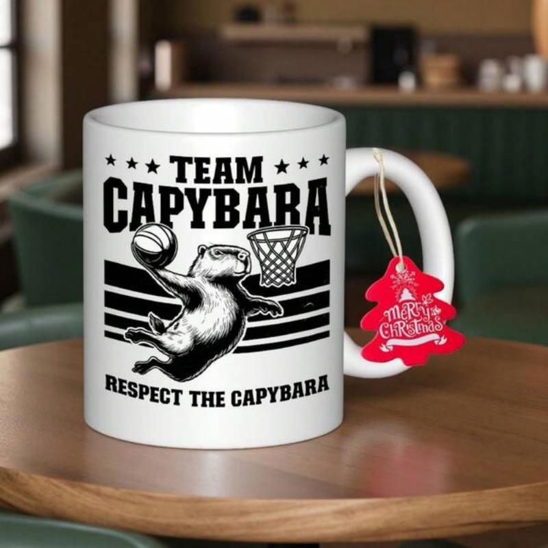 Tailorly White Ceramic 11 oz Mug - Team Capybara Respect The Capybara Athletic Silhouette Dunking A Basketball Toward A Hoop With Star Accents Capybara