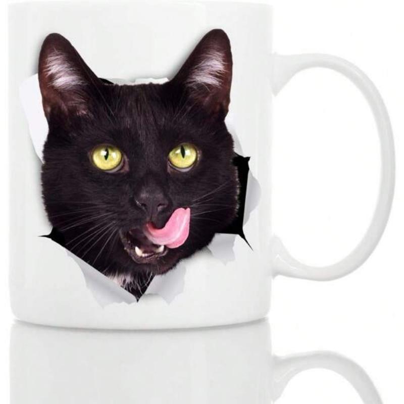 Tailorly White Ceramic 11 oz Mug - Playful Black Feline Emerging Through Torn Paper Surface Licking Its Nose Cat