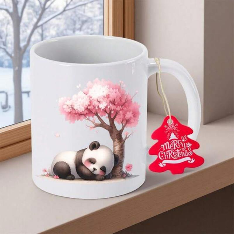Tailorly White Ceramic 11 oz Mug - Merry Christmas Gentle Sleeping Panda Resting Under Pink Blooming Cherry Blossom Tree Panda