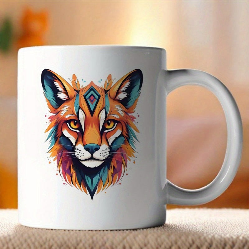 Tailorly White Ceramic 11 oz Mug - Colorful Geometric Tribal Art Featuring Vibrant Hues Of Orange And Teal Fox