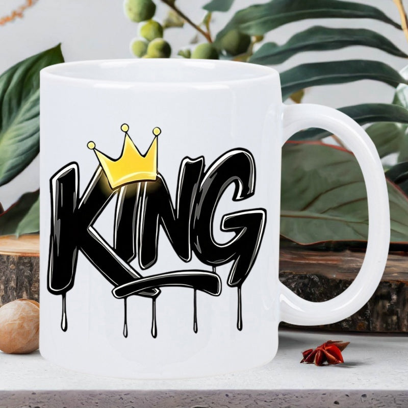 Tailorly White Ceramic 11 oz Mug - King Dripping Black Graffiti Style Lettering Under A Glowing Golden Crown