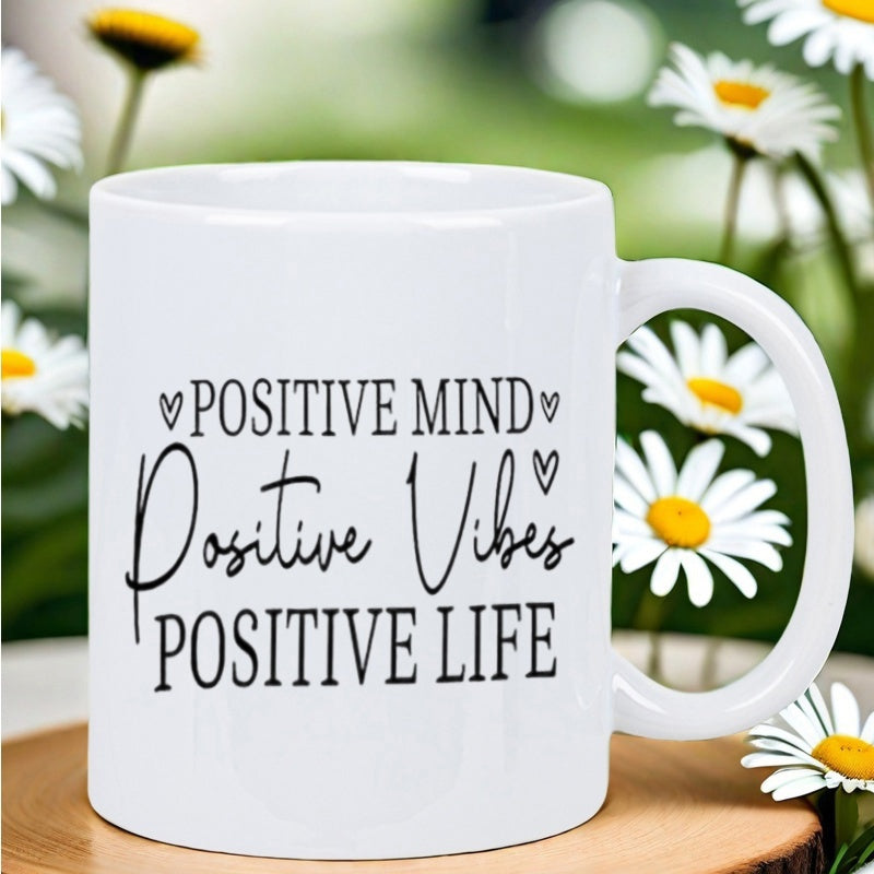Tailorly White Ceramic 11 oz Mug - Positive Mind Positive Vibes Positive Life Minimalist Typography With Delicate Heart Accents On A Glossy Ceramic Mug