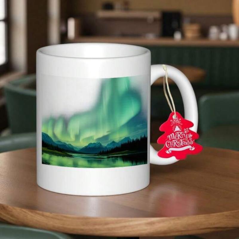 Tailorly White Ceramic 11 oz Mug - Merry Christmas Shimmering Green Northern Lights Dancing Over Silhouette Mountains Reflecting On Still Lake Landscape