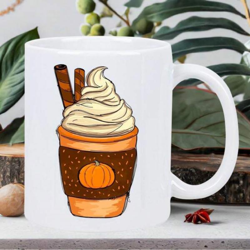 Tailorly White Ceramic 11 oz Mug - Cozy Spiced Autumn Beverage With Creamy Toppings And Little Pumpkin Coffee