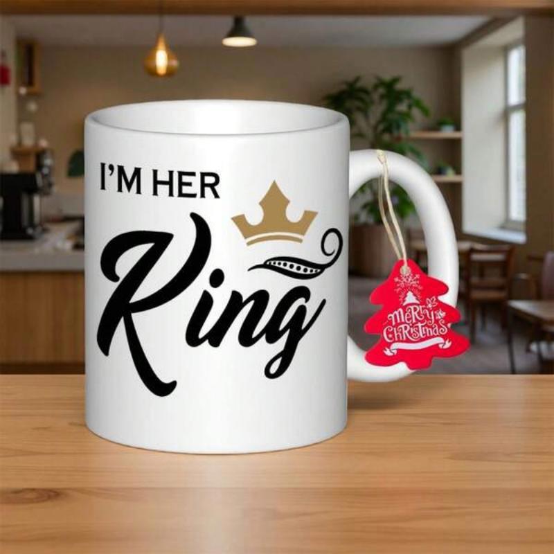 Tailorly White Ceramic 11 oz Mug - I M Her King Elegant Golden Crown Ornament With Artistic Swirls And Bold Romantic Script Crown