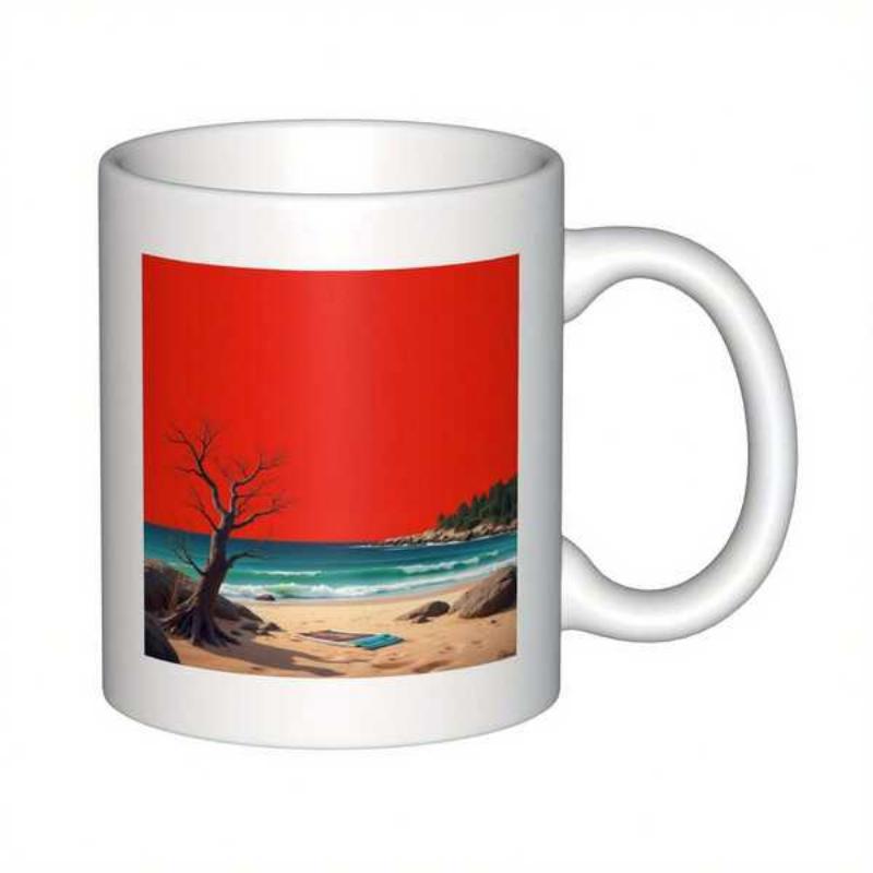 Tailorly White Ceramic 11 oz Mug - Serene Sandy Shoreline With Withered Tree Under Vibrant Red Sky Coastal Landscape