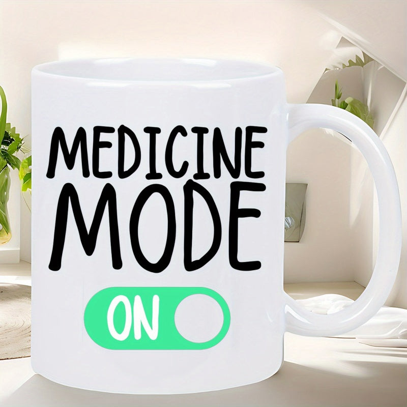 Tailorly White Ceramic 11 oz Mug - Medicine Mode On Simple Bold Black Lettering Over A Bright Green Digital Interface Toggle Switch