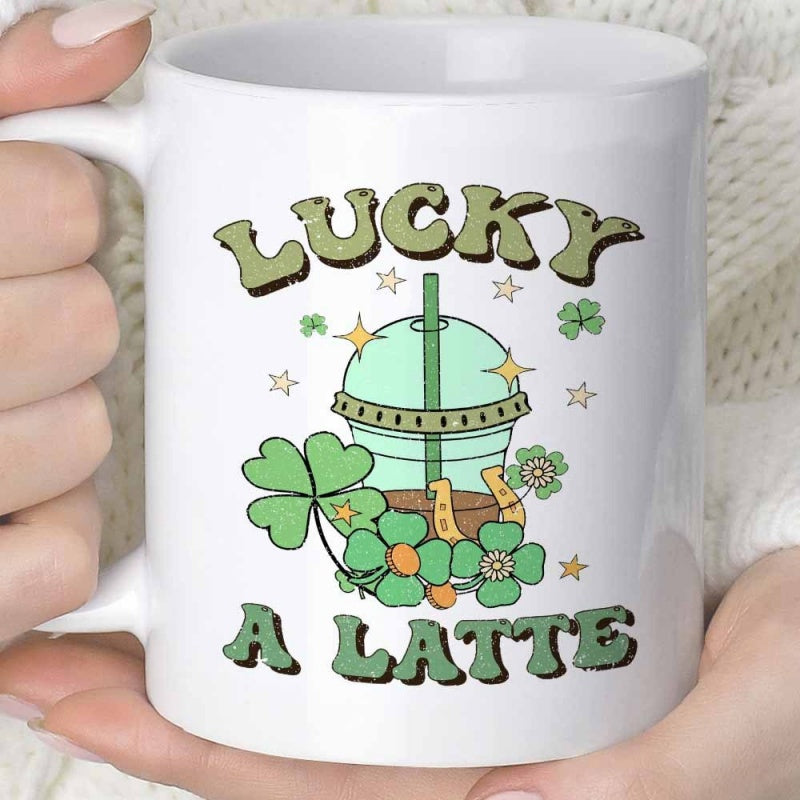 Tailorly White Ceramic 11 oz Mug - Lucky A Latte Vintage Iced Coffee Cup With Green Straw Surrounded By Four Leaf Clovers Coffee
