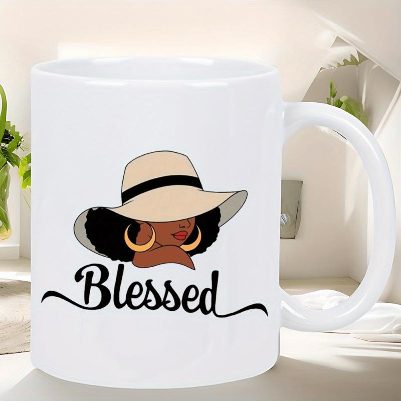 Tailorly White Ceramic 11 oz Mug - Blessed Elegant Black Woman Wearing Stylish Sun Hat And Gold Hoops Lady