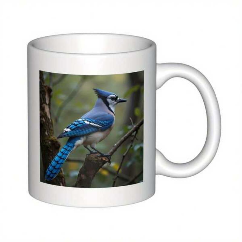 Tailorly White Ceramic 11 oz Mug - Vibrant Blue Jay Perched Gracefully On A Branch In The Misty Forest Blue Jay