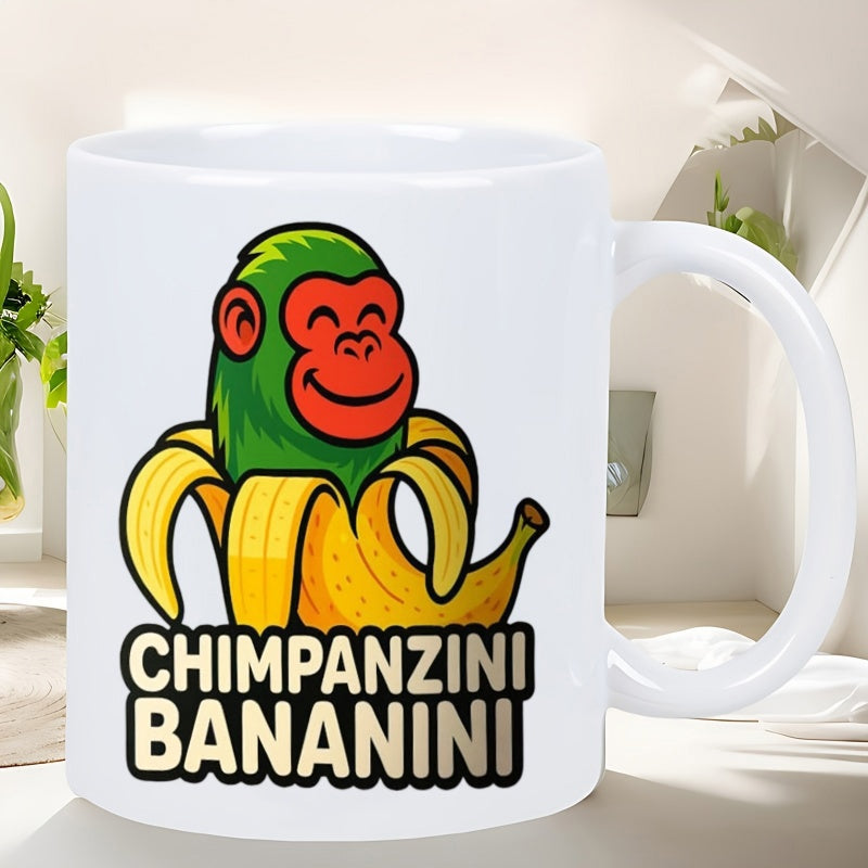 Tailorly White Ceramic 11 oz Mug - Chimpanzini Bananini Vibrant Peeled Yellow Banana With Smiling Green Animal Character Chimpanzee