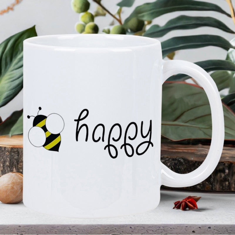 Tailorly White Ceramic 11 oz Mug - Happy Minimalist Cartoon Featuring Yellow Stripes And Round White Wings Bee