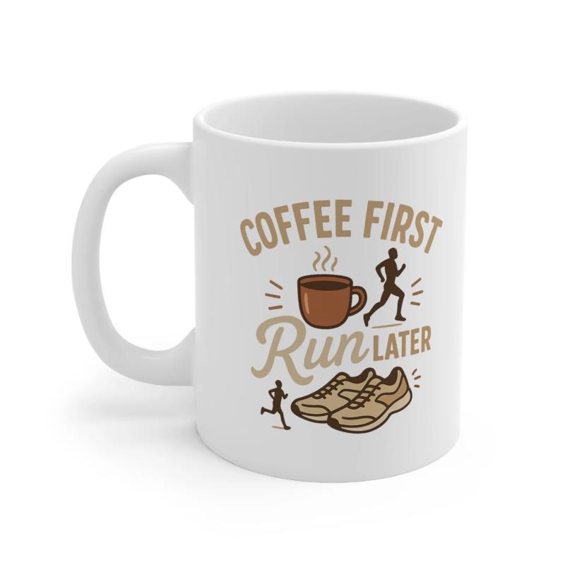 Tailorly White Ceramic 11 oz Mug - Coffee First Run Later Steaming Cup With Energetic Runner Silhouettes And Casual Running Shoes Sneakers