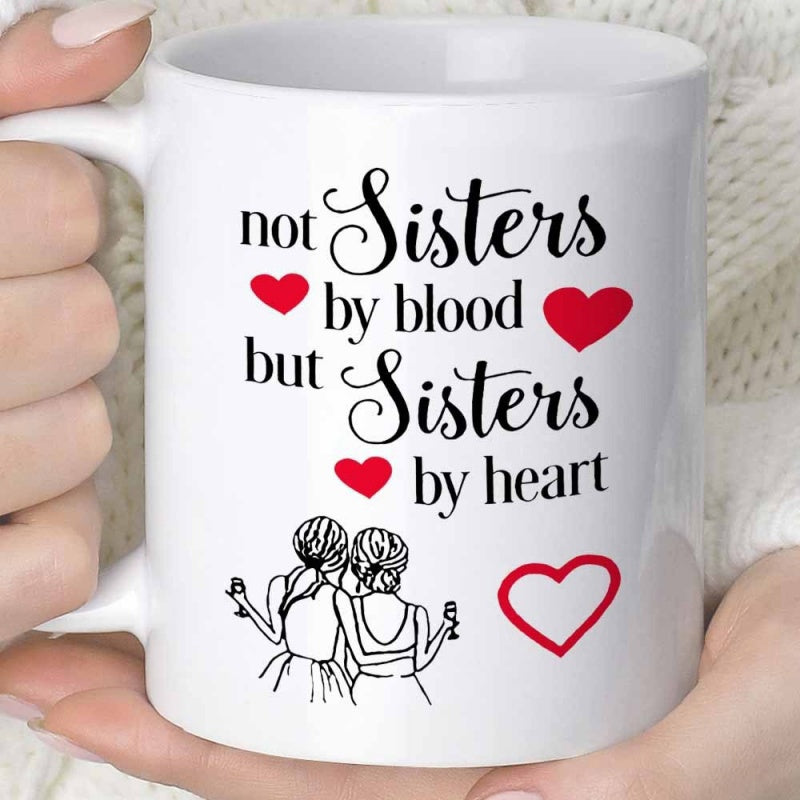 Tailorly White Ceramic 11 oz Mug - Not Sisters By Blood But Sisters By Heart Minimalist Line Art Of Two Girls Embracing Among Red Hearts Heart