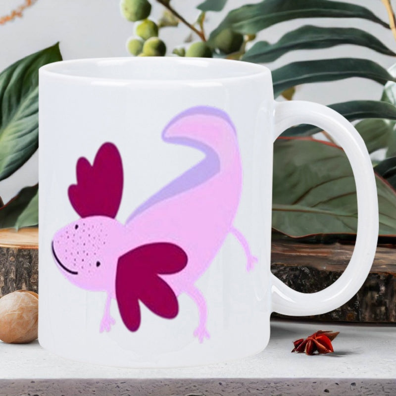 Tailorly White Ceramic 11 oz Mug - Cute Pink Cartoon Axolotl Swimming Gracefully On A Plain White Ceramic Axolotl
