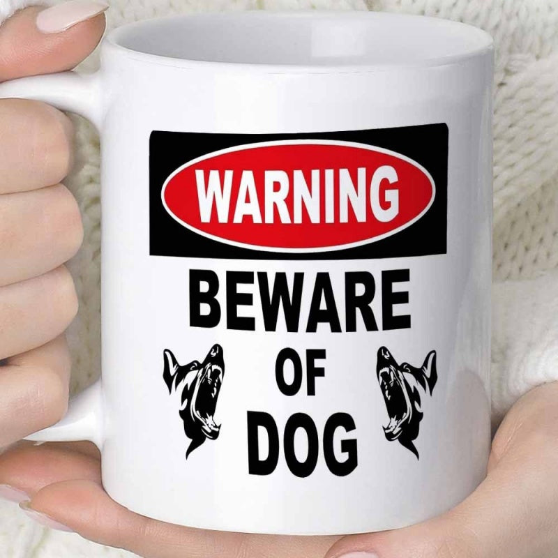 Tailorly White Ceramic 11 oz Mug - Warning Beware Of Dog Classic Warning Sign Layout Featuring Two Aggressive German Shepherd Silhouettes Dog