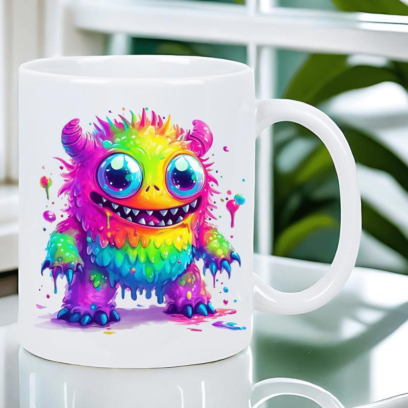 Tailorly White Ceramic 11 oz Mug - Vibrant Rainbow Colorful Furry Body Featuring Big Blue Eyes And Sharp Teeth Monster