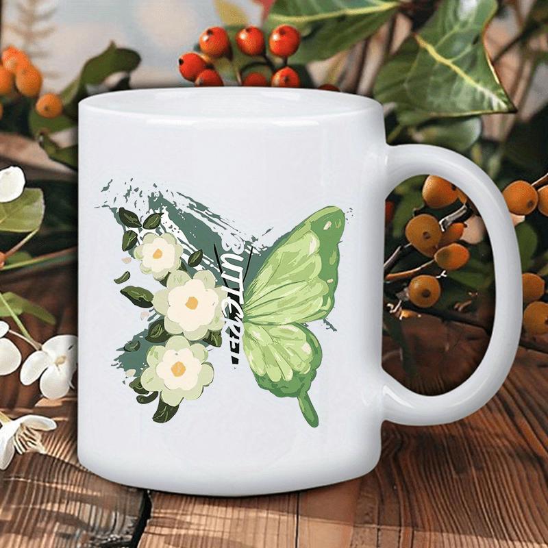Tailorly White Ceramic 11 oz Mug - Butterfly Artistic Floral Wings With White Flowers On Green Splatter Garden Butterfly