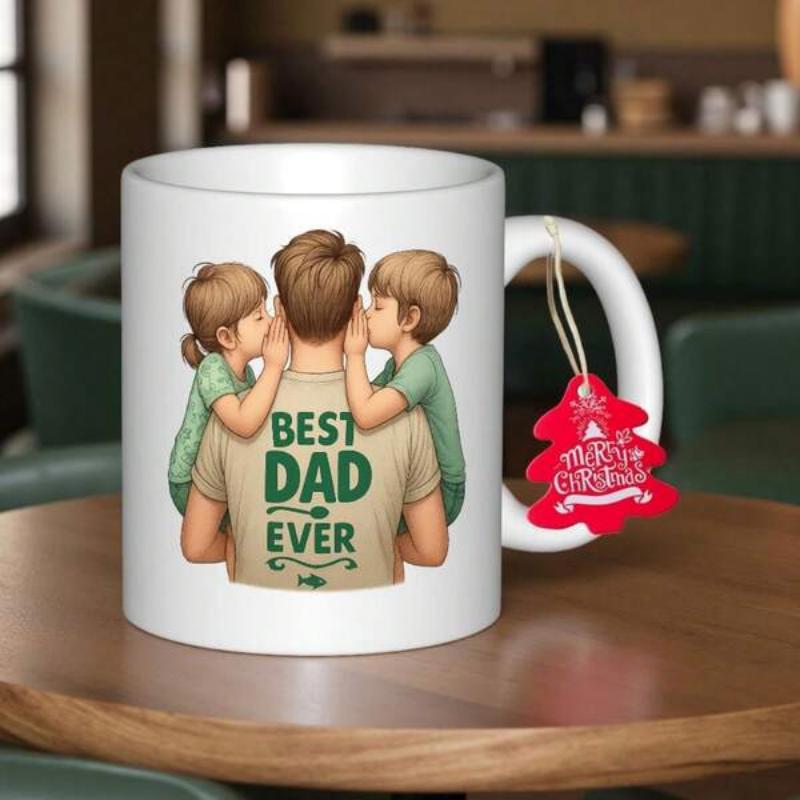 Tailorly White Ceramic 11 oz Mug - Best Dad Ever Father Hugged By Two Children Showing Love To Their Loving Father