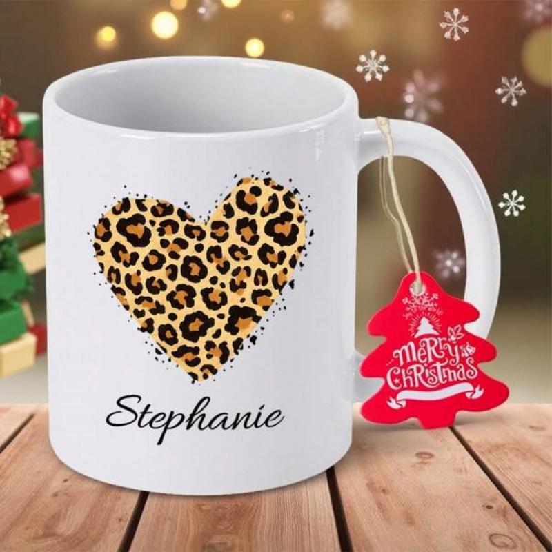 Tailorly White Ceramic 11 oz Mug - Stephanie Stylish Leopard Print Pattern Filled Inside A Large Decorative Heart