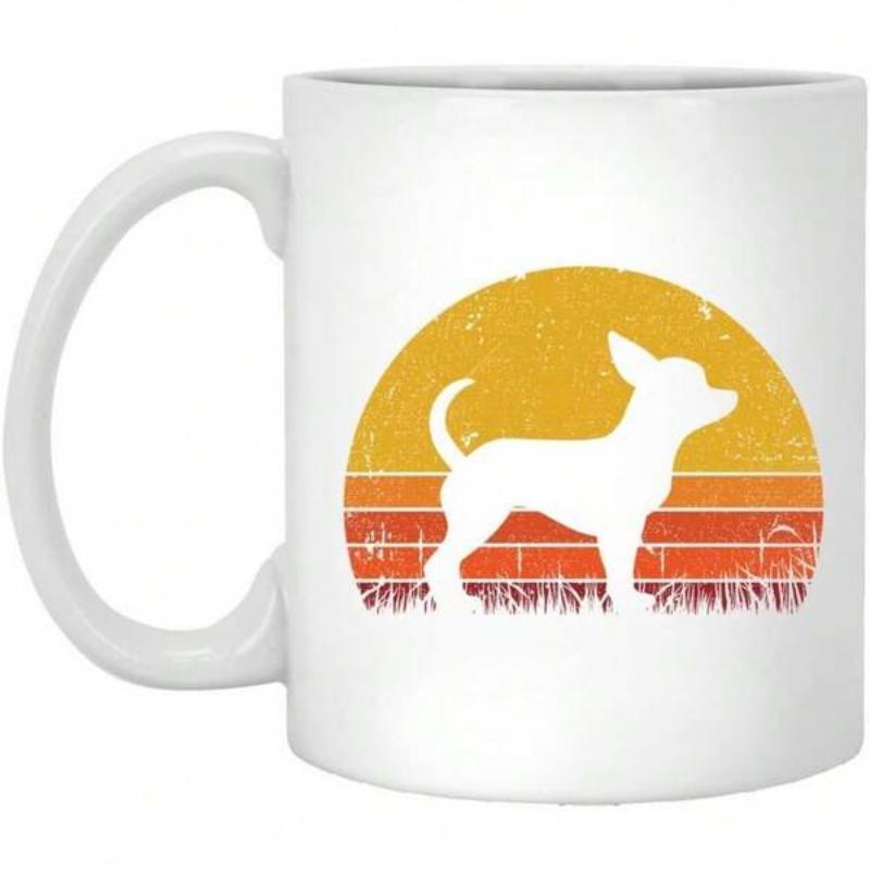 Tailorly White Ceramic 11 oz Mug - Vintage Retro Sunset With Distressed Stripes And Small Chihuahua