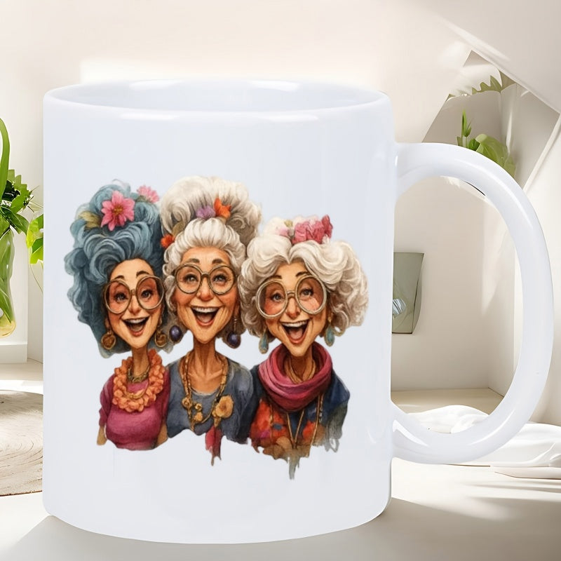 Tailorly White Ceramic 11 oz Mug - Three Joyful Elderly Women With Colorful Voluminous Hair Wearing Stylized Glasses Women